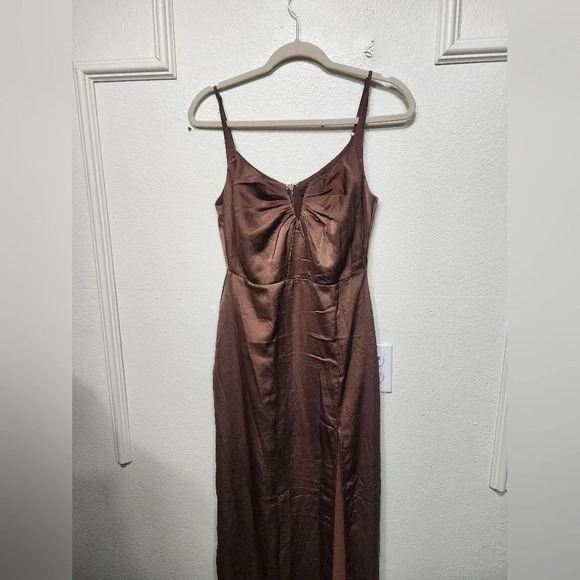 Lulus Lovely Drama Brown Satin Sleeveless A-Line Maxi Dress Wedding Party Prom - Picture 7 of 12